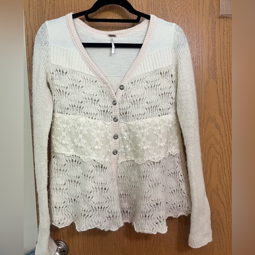 Free People Cream Lace-Panel Knit Cardigan